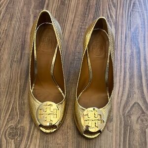 Tory Burch Gold Peep Toe Wedge Shoes